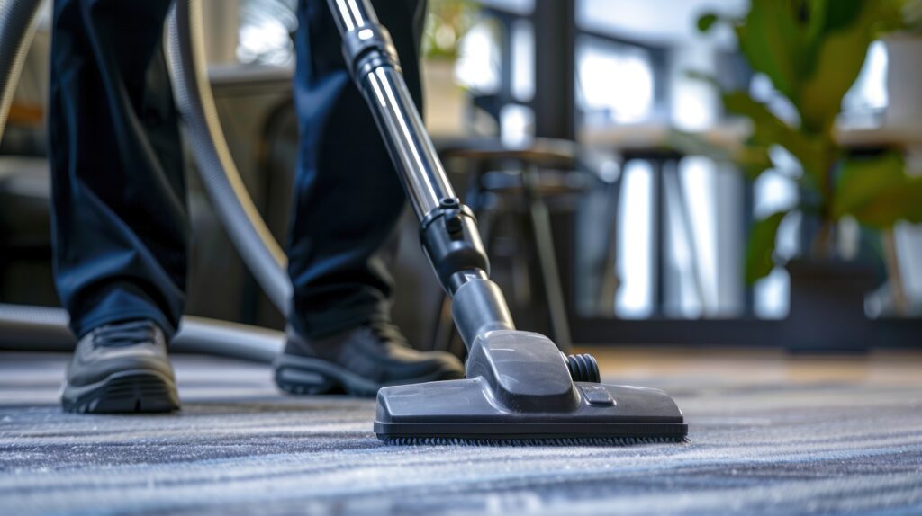 A person is vacuuming a carpet