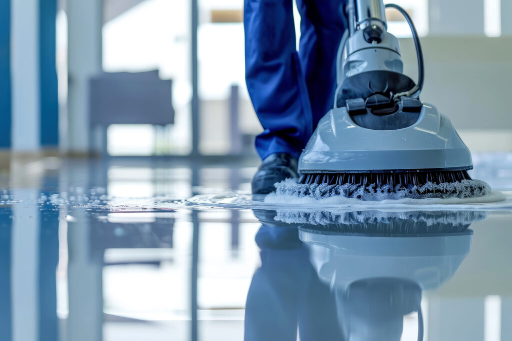 Cleaning Floor with Polishing Machine Indoors. Generative ai
