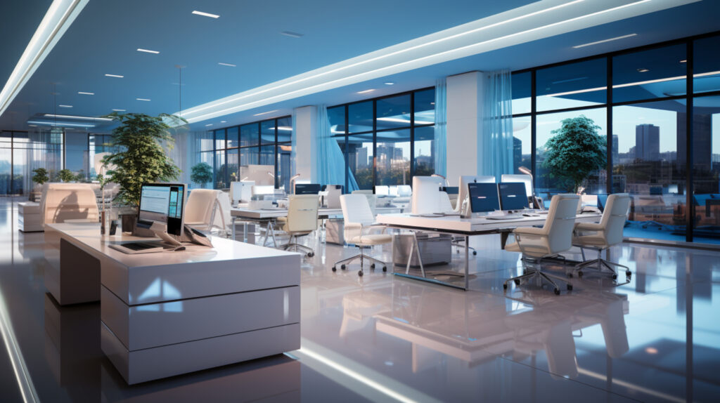 Interior design Modern Creative office foyer, Corporate open workspace, Coworking office room
